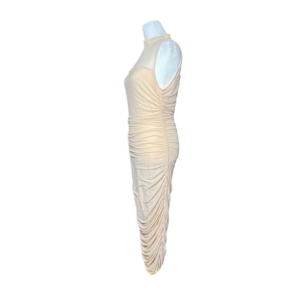 Lulus Give Me a Chance Peach Bodycon Midi Dress Women's Large Ruched Sheer - Picture 5 of 13